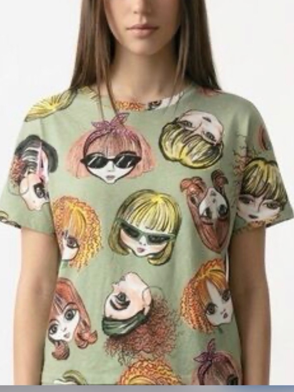 Zara Olive Green Multi Face Art Graphic Boxy T-Shirt Women's Size L